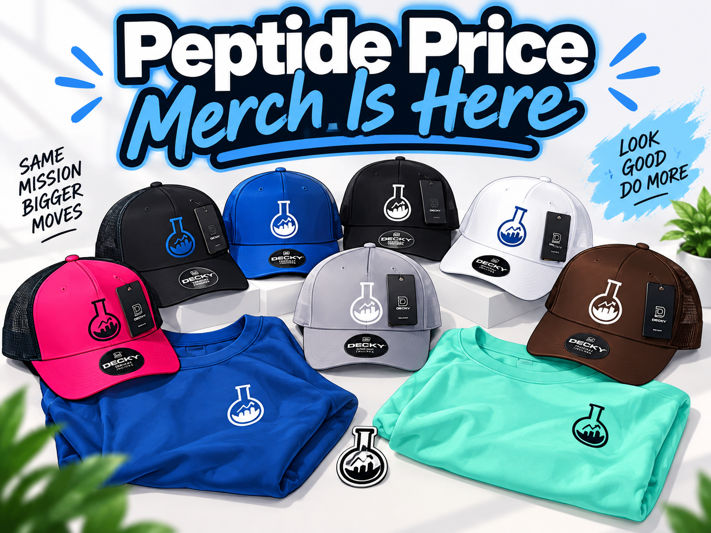 Peptide Price collection: seven hats, including black with blue logo and black with white logo, plus blue and mint hoodies